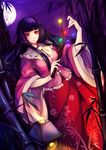  bamboo bamboo_forest black_hair branch breasts dress forest full_moon highres hime_cut houraisan_kaguya jeweled_branch_of_hourai kalalasan long_hair medium_breasts moon nature night red_eyes solo touhou 