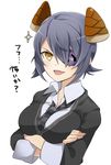  alternate_headwear bad_id bad_pixiv_id bamboo_shoot blue_hair candy checkered checkered_neckwear chocolate crossed_arms eyepatch food headgear kantai_collection looking_at_viewer necktie open_mouth solo sparkle suzuka_(rekkyo) takenoko_no_sato_(food) tenryuu_(kantai_collection) translated yellow_eyes 