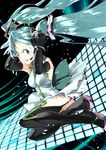  aqua_hair blue_eyes boots elbow_gloves floating_hair gloves hatsune_miku headset highres long_hair open_mouth pikushibuaidhy solo thigh_boots thighhighs twintails vocaloid 
