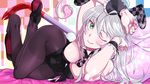  animal_ears black_legwear blush breasts bunny_ears bunnysuit checkered cleavage crowbar green_eyes haiyore!_nyaruko-san high_heels highres long_hair looking_at_viewer medium_breasts nana_g necktie nyarlathotep_(nyaruko-san) one_eye_closed pantyhose shoe_dangle silver_hair smile solo wrist_cuffs 