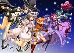  ahoge animal_ears asami_saki black_hair bodysuit boots brown_hair cat_ears cling divinebuster12 dress gloves hat holding_hands juubey_(kazumi_magica) kanna_nico kazumi_(kazumi_magica) kazusa_michiru long_hair magical_girl mahou_shoujo_kazumi_magica mahou_shoujo_madoka_magica maki_kaoru misaki_umika multiple_girls orange_hair pantyhose pink_hair purple_hair short_hair skirt smile spoilers twintails usagi_satomi very_long_hair wakaba_mirai 