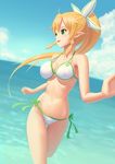  beach bikini blonde_hair braid breasts cleavage cloud day elf green_eyes guang_yiren large_breasts leafa long_hair looking_away navel o-ring o-ring_top ocean open_mouth outdoors pointy_ears ponytail side-tie_bikini sky smile solo swimsuit sword_art_online thigh_gap twin_braids water 