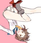  bad_id bad_pixiv_id bare_legs between_legs boots brown_eyes brown_hair dress full_body hand_between_legs headgear kantai_collection knee_boots long_sleeves looking_at_viewer manio open_mouth outstretched_leg pink_background sailor_dress shirt short_hair simple_background solo thighs two-tone_background upside-down white_background white_shirt yukikaze_(kantai_collection) 