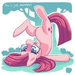  blue_eyes cutie_mark equine female feral friendship_is_magic fruit fur hair horse long_hair mammal my_little_pony pink_fur pink_hair pinkie_pie_(mlp) pony solo space-kid text tongue tongue_out tree upside_down 