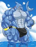  anthro biceps big_muscles blue_skin bracelet bulge erection fangs fin fish flexing giant gills grey_skin grin invalid_tag jewelry macro male marine muscles musical_note orange_eyes pecs penis pose scales sea shark smile solo speedo standing swimsuit teeth toned topless water wet 