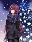  alternate_costume arms_behind_back blush breasts buttons christmas christmas_ornaments christmas_tree coat eyebrows_visible_through_hair fate/grand_order fate_(series) hair_intakes highres hyakuichi large_breasts long_hair looking_at_viewer night outdoors pantyhose pine_tree purple_hair red_eyes scarf scathach_(fate)_(all) scathach_(fate/grand_order) smile snow star tree 