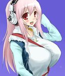  between_breasts blush breasts headphones large_breasts long_hair looking_at_viewer nitroplus open_mouth oro_(zetsubou_girl) pink_hair red_eyes smile solo super_sonico 