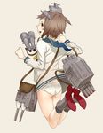  akai_kitsune ass bad_id bad_pixiv_id binoculars brown_hair cannon dress from_behind hair_ornament jumping kantai_collection long_sleeves open_mouth panties sailor_dress smile solo underwear upskirt white_panties yellow_eyes yukikaze_(kantai_collection) 