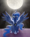  blue_fur blue_hair cool_colors crown cutie_mark equine female feral friendship_is_magic frown fur hair horn horse keshapanther long_hair looking_at_viewer mammal moon my_little_pony night pony princess_luna_(mlp) sitting solo stars winged_unicorn wings 