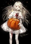  bandages blood blood_in_mouth blood_stain bloody_clothes candy cotta dress fang food halloween happy_halloween highres long_hair nail_polish original pumpkin screw solo stitches wavy_hair wings 