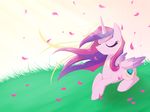  equine eyes_closed female feral friendship_is_magic fur grass hair horn horse keshapanther long_hair mammal multi-colored_hair my_little_pony pink_fur pony princess_cadance_(mlp) smile solo wind winged_unicorn wings 