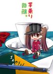  brown_eyes brown_hair cup fang kantai_collection long_hair mechanical_pencil minigirl open_mouth pencil ryuujou_(kantai_collection) sitting sketchbook solo spoon sugar_cube teacup translated twintails visor_cap yakou_(innocent_chapel) 
