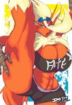  abs anthro avian big_breasts bird blaziken blonde_hair breasts cleavage clothed clothing eyewear fate female goggles hair kick lionalliance looking_at_viewer midriff muscles muscular_female nintendo pok&#233;mon pok&#233;morph pok&eacute;mon raised_leg solo video_games wide_hips wyntersun 