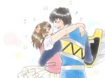  1girl black_hair blush brown_hair candelira couple eye_contact facial_hair happy hetero hug kyoryu_blue long_hair looking_at_another moi_sphinx musical_note short_hair smile stubble super_sentai tomatsu_haruka udo_nobuharu zyuden_sentai_kyoryuger 