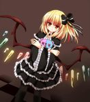  alternate_costume black_dress black_legwear blonde_hair bow brown_eyes capelet doll_hug dress flandre_scarlet frilled_dress frills gothic_lolita hair_bow lolita_fashion long_sleeves looking_at_viewer misoshiru_(meridianchild312) pantyhose side_ponytail solo stuffed_animal stuffed_toy teddy_bear tile_floor tiles touhou wide_sleeves wings 