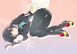  armband ass back-seamed_legwear black_hair blush boots bow gloves honda_masazumi kyoukaisenjou_no_horizon long_hair lying mei_(abliss) one_eye_closed pantyhose seamed_legwear shoe_bow shoes snowflakes solo yellow_eyes 