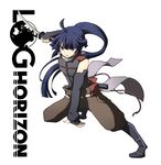  akatsuki_(log_horizon) bare_shoulders copyright_name detached_sleeves log_horizon long_hair ponytail purple_eyes purple_hair sword weapon yaguro_mira 