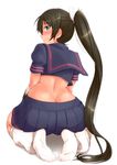  aqua_eyes ass back black_serafuku blush brown_hair butt_crack crop_top crop_top_overhang from_behind highres homura_(senran_kagura) long_hair looking_back midriff ponytail revision school_uniform seiza senran_kagura senran_kagura_shoujo-tachi_no_shin'ei serafuku shiny shiny_skin simple_background sitting socks solo very_long_hair wavy_mouth white_background zeku_(furrock) 