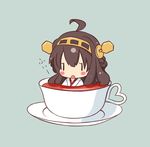  ahoge bad_id bad_pixiv_id black_tea blush_stickers braid brown_hair chibi cup hairband heart in_container in_cup japanese_clothes kakihito_shirazu kantai_collection kongou_(kantai_collection) nontraditional_miko open_mouth partially_submerged saucer simple_background solo tea teacup 
