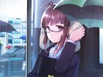  akizuki_ritsuko antenna_hair blush briefcase brown_eyes brown_hair folded_ponytail glasses hitoto idolmaster idolmaster_(classic) rain revision short_hair solo towel umbrella wet 