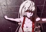  bandages bare_shoulders breasts cleavage collarbone fujiwara_no_mokou leaning_back long_hair looking_at_viewer medium_breasts narrow no_shirt outstretched_arms red_eyes sarashi silver_hair solo suspenders touhou upper_body wall 