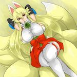  animal_ears arms_up bad_id bad_pixiv_id blonde_hair breasts crossed_legs elbow_gloves fox_ears fox_tail gloves huge_breasts izuna_(shinrabanshou) long_hair looking_at_viewer multiple_tails parted_lips red_eyes shinrabanshou sideboob sitting solo soranona_(soranosuke) tail thighhighs white_legwear 