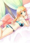  :d ahoge aqua_bra aqua_panties arm_support ass barefoot blonde_hair blush bra breasts butt_crack chin_rest curtains frilled_bra frilled_panties frilled_pillow frills green_eyes hoshii_miki idolmaster idolmaster_(classic) indoors k.y_ko long_hair looking_at_viewer looking_back lying medium_breasts night off_shoulder on_stomach open_mouth panties pillow scrunchie side-tie_panties smile solo strap_slip underwear underwear_only window 