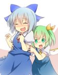  blue_hair blush bow cirno closed_eyes daiyousei dress fairy_wings green_eyes green_hair hair_bow multiple_girls open_mouth short_hair side_ponytail smile tears tickling tori_(minamopa) touhou wings 