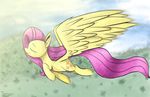  equine eyes_closed female feral fluttershy_(mlp) flying friendship_is_magic fur hair horse long_hair mammal my_little_pony outside pegasus pink_hair pony sky smile solo tarragon2000 tears wings yellow_fur 