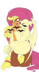  anthro anthrofied applejack_(mlp) bat bat_pony bite blonde_hair boots breast_grab breasts censored crying duo equine eyes_closed female flutterbat_(mlp) fluttershy_(mlp) friendship_is_magic fur green_eyes hair horse lesbian long_hair mammal my_little_pony naoki open_mouth orange_fur pegasus pink_hair plain_background pony saliva standing sweat tears white_background wings yellow_fur 