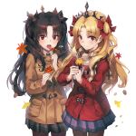  2girls :o autumn_leaves bangs black_hair blonde_hair blush bow brown_coat brown_legwear closed_mouth coat commentary_request cowboy_shot duffel_coat ereshkigal_(fate/grand_order) eyebrows_visible_through_hair fate/grand_order fate_(series) fingernails food food_request grey_skirt hair_between_eyes hair_bow highres holding holding_food ishtar_(fate/grand_order) kyjsogom leaf long_hair long_sleeves maple_leaf multiple_girls open_mouth own_hands_together pantyhose parted_bangs plaid plaid_skirt pleated_skirt purple_skirt red_bow red_coat red_eyes round_teeth signature simple_background skirt smile sweet_potato teeth tiara two_side_up upper_teeth very_long_hair white_background 