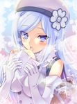  :o aila_jyrkiainen bag baozi bare_shoulders blue_eyes blush breasts breath chestnut_mouth dress eating elbow_gloves food fur_trim gloves gundam gundam_build_fighters hat lips long_hair medium_breasts shoulder_bag silver_hair solo urabi_(tomatohouse) 