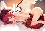  animal_ears ass bed breasts covering covering_crotch hand_to_own_mouth hat highres ke-ta leg_up lying masturbation mystia_lorelei nipples nude on_side open_mouth pink_eyes pink_hair scan small_breasts solo suspenders tears touhou wings 