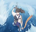  archery arrow black_legwear blush bow_(weapon) brown_eyes brown_hair foreshortening from_above gloves highres japanese_clothes kaga_(kantai_collection) kantai_collection kirigaya_yuuji kyuudou muneate ocean partly_fingerless_gloves short_hair side_ponytail single_glove skirt solo tasuki thighhighs water weapon yugake 