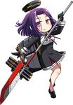  caffein chibi glaive gloves kantai_collection looking_at_viewer machinery mechanical_halo polearm purple_eyes purple_hair ribbon short_hair smile solo tatsuta_(kantai_collection) weapon 