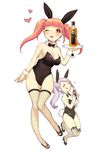  alcohol animal_ears bad_id bad_pixiv_id bottle bow bowtie bunny_ears bunny_tail bunnysuit closed_eyes coca-cola detached_collar fishnet_legwear fishnets highres htm_(gixig) long_hair multiple_girls one_eye_closed original pink_hair ponytail purple_hair red_eyes tail thighhighs tray twintails wine wrist_cuffs 