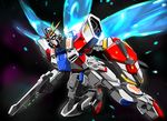  energy_gun energy_wings flying glowing glowing_eyes green_eyes gun gundam gundam_build_fighters highres mecha monokuro_rabbit no_humans shield solo star_build_strike_gundam weapon wings 