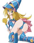  1girl ass bare_shoulders blonde_hair boots breasts cameltoe dark_magician_girl duel_monster green_eyes hat highres kneeling long_hair looking_at_viewer open_mouth panties pantyshot rayphenos sideboob staff sweat underwear upskirt yu-gi-oh! yuu-gi-ou_duel_monsters 