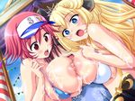  1boy 2girls bikini blonde_hair blue_eyes blush breasts cg cum cum_on_body cum_on_breasts cum_on_upper_body double_paizuri erect_nipples game_cg honoo_no_haramase_oppai_nyuu_doukyuusei huge_breasts long_hair michelle_de_la_farge multiple_girls multiple_paizuri nipples open_mouth paizuri red_eyes red_hair serizawa_nei short_hair squeez sweat swimsuit symbol-shaped_pupils symbol_shaped_pupils tiara visor 