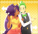  1girl arm_holding big_hair blush bow bowtie brown_eyes dark_skin dent_(pokemon) green_eyes green_hair hagino_aki iris_(pokemon) long_hair pointing pokemon pokemon_(anime) pokemon_bw_(anime) purple_hair smile two_side_up very_dark_skin very_long_hair 