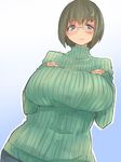  blue_background breast_suppress breasts brll brown_hair denim glasses gradient gradient_background huge_breasts jeans looking_at_viewer original pants purple_eyes ribbed_sweater short_hair smile solo sweater turtleneck white_background 