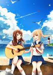  acoustic_guitar aircraft airplane bangs beach blonde_hair brown_eyes brown_hair cloud cloudy_sky day guitar horizon instrument lighthouse long_hair looking_at_another multiple_girls ocean original outdoors ponytail samizuban school_uniform serafuku short_sleeves sitting skirt sky smile water 