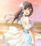  1girl :d arm_at_side bangs bare_shoulders bird blush brown_hair commentary_request cowboy_shot crying crying_with_eyes_open day dress eyebrows_visible_through_hair floating_hair halterneck hand_on_own_chest highres long_hair looking_at_viewer looking_to_the_side ocean off-shoulder_dress off_shoulder open_mouth original outdoors pink_sky round_teeth shi-ro short_sleeves shoulder_blades skirt_hold smile solo sparkle tareme tears teeth upper_teeth water white_dress wind yellow_eyes 