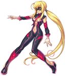  blonde_hair bodysuit brown_eyes center_opening fujimoto_hideaki full_body gloves impossible_clothes long_hair mask navel nightstalker_(wild_arms_xf) official_art ponytail shoes skin_tight smile solo white_background wild_arms wild_arms_xf 