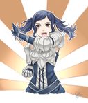  alicethebrabbito armor bad_id bad_pixiv_id blue_hair breastplate brown_eyes commentary cynthia_(fire_emblem) fire_emblem fire_emblem:_kakusei gauntlets gloves open_mouth pose short_twintails signature solo twintails 