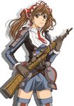  alicia_melchiott ass_visible_through_thighs brown_eyes brown_hair gloves gun hanzou headdress long_hair military military_uniform necktie rifle senjou_no_valkyria senjou_no_valkyria_1 solo thighhighs twintails uniform weapon zettai_ryouiki 