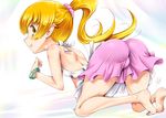  all_fours ass bare_legs bare_shoulders barefoot blonde_hair bracelet breasts dress jewelry kneepits long_hair long_legs looking_back monogatari_(series) oshino_shinobu pink_skirt pointy_ears ponytail profile sideboob skirt small_breasts soles solo toes usyuuri yellow_eyes 