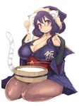  angelo_(gomahangetsu) animal_ears breasts bucket cleavage clothes_writing highres houjou_ujimasa_(sengoku_bushouki_muramasa) huge_breasts japanese_clothes kneeling md5_mismatch ohitsu pantyhose purple_eyes purple_hair rice_spoon sengoku_bushouki_muramasa solo tail 