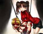  2girls bdsm blindfold bondage bound cuffs fate/stay_night fate_(series) gag gagged harness multiple_girls nipple_piercing piercing saber suspension tohsaka_rin yuri 