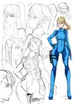  ass blonde_hair blue_eyes bodysuit breasts butcha-u collage covered_navel hand_on_hip holster long_hair medium_breasts metroid metroid:_other_m metroid_(creature) mole mole_under_mouth ponytail samus_aran simple_background sketch thigh_holster white_background wide_hips zero_suit 